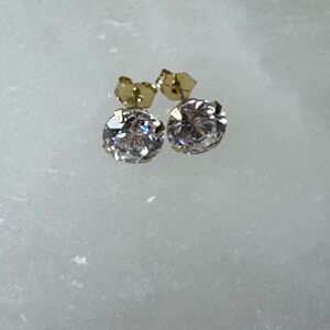 14K Solid Gold 6.9MM Round Crystal Solitaire Stud Earrings w/ Backs 1.3g
